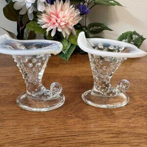 Fenton White Opalescent Hobnail Cornucopia Vase Pair Horn of Plenty Vintage Glas